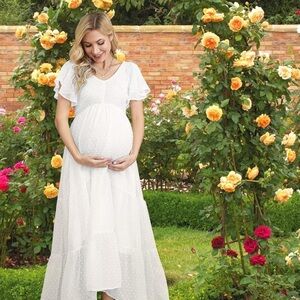 White Swiss Dot Smocked Maternity Dress